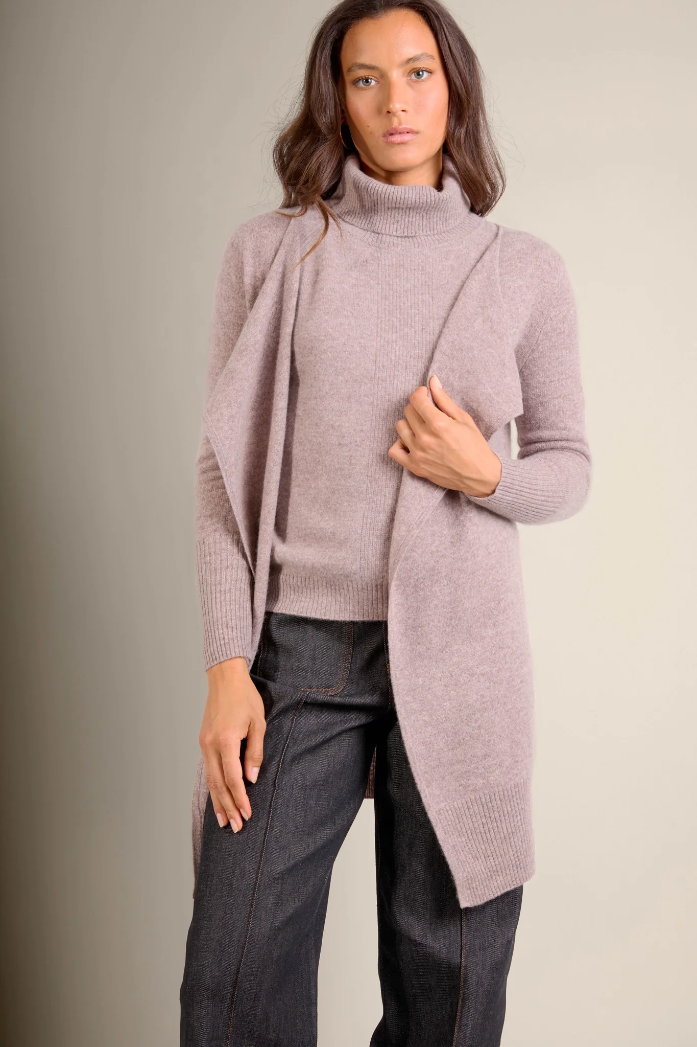 ABIGAIL veste longue caribou chiné 100% cachemire – Image 2