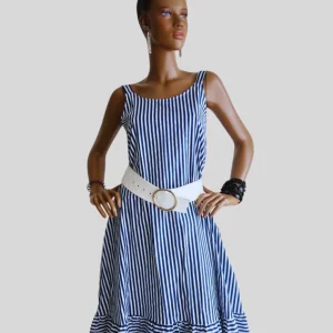 Robe BLEUE dos plongeant imprimée à rayures