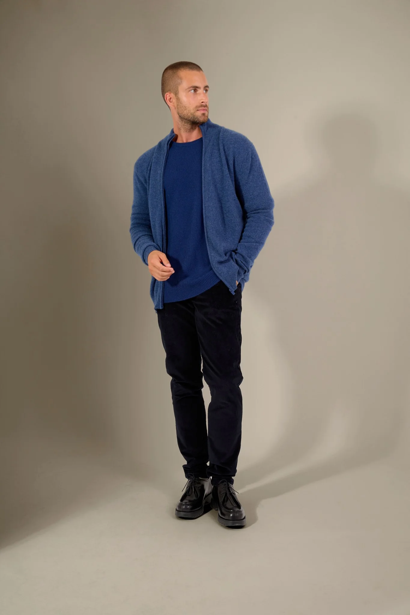 CODY gilet zippé col montant ocean chiné 100% cachemire