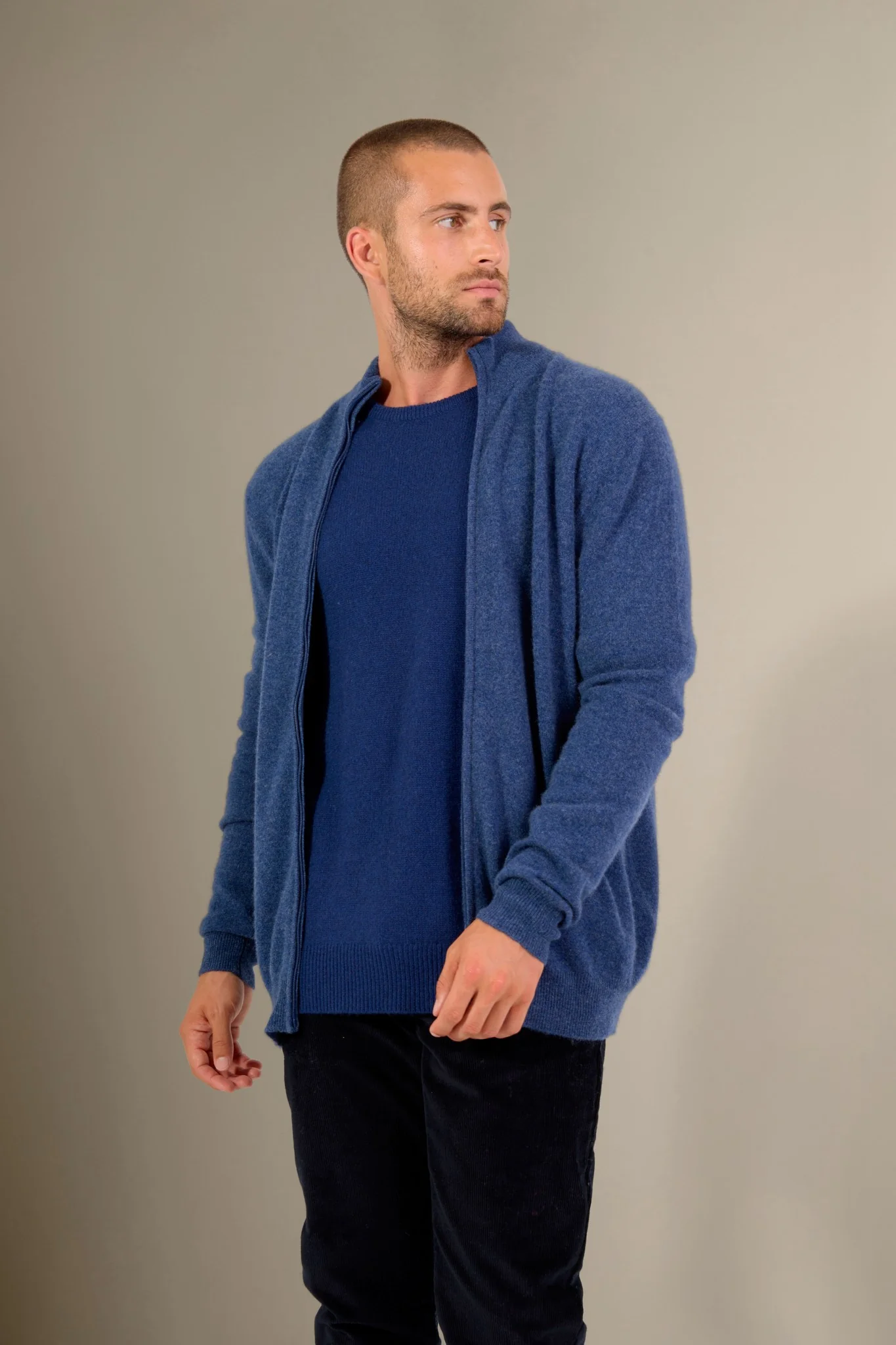 CODY gilet zippé col montant ocean chiné 100% cachemire – Image 5