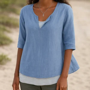 Julia - Chemise en coton pour femmes - Élégante - Col en V et manches 3/4