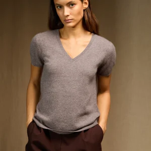 EFIMIA t-shirt col v caribou chiné 100% cachemire