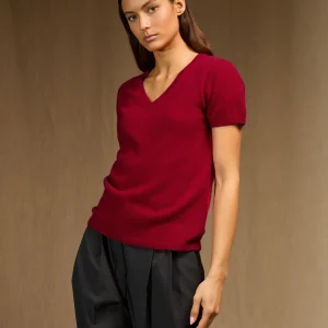 EFIMIA t-shirt col v framboise 100% cachemire