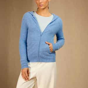 EMMA gilet zippé capuche sky 100% cachemire