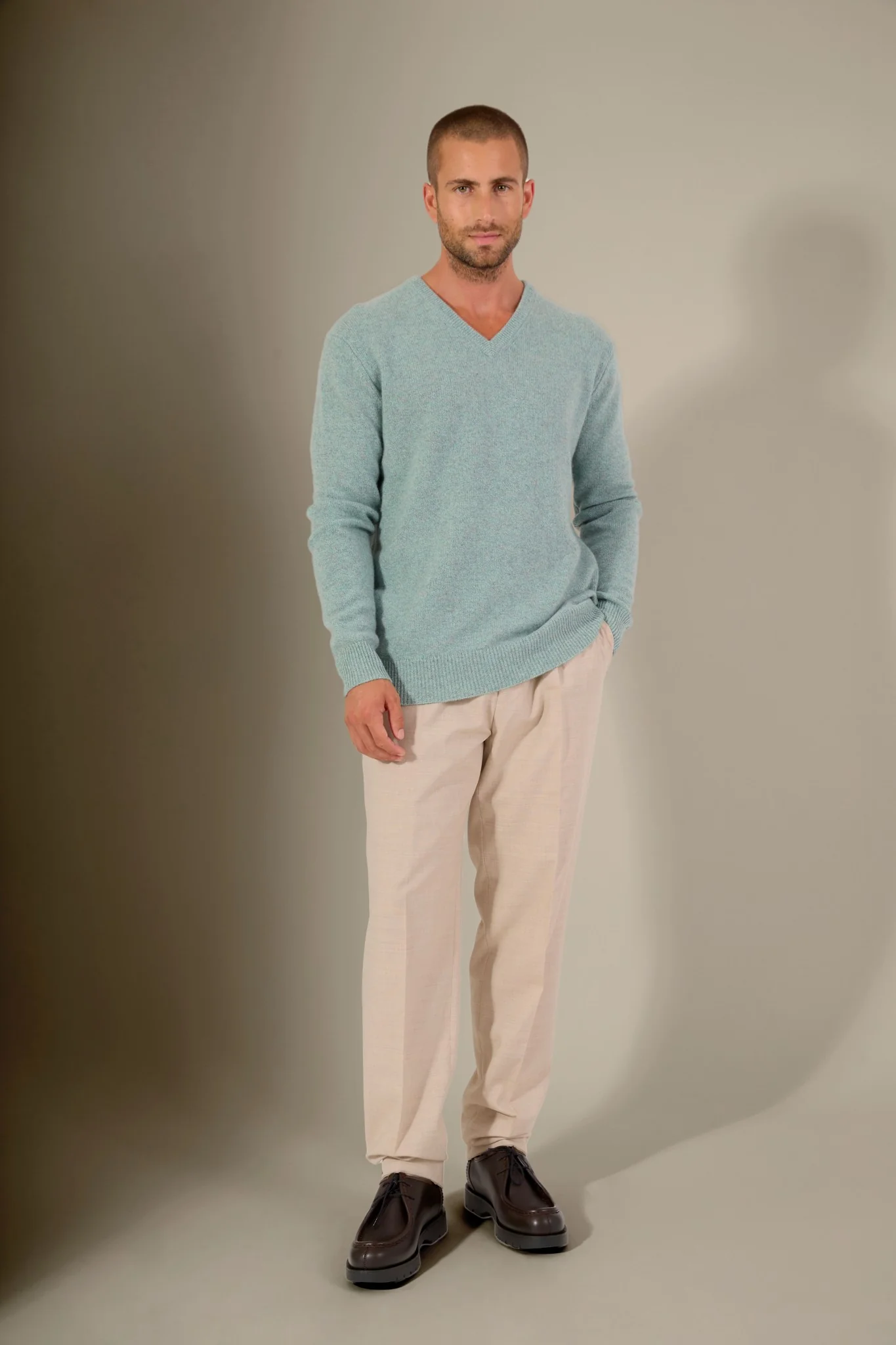 ENZO pull col v 4 fils céladon chiné 100% cachemire