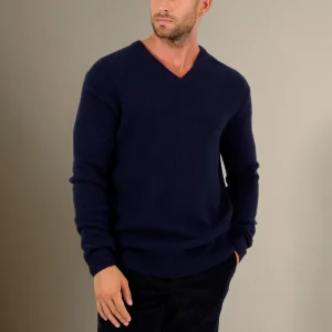 ENZO pull col v 4 fils navy 100% cachemire