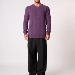 ENZO pull col v 4 fils violet chiné 100% cachemire