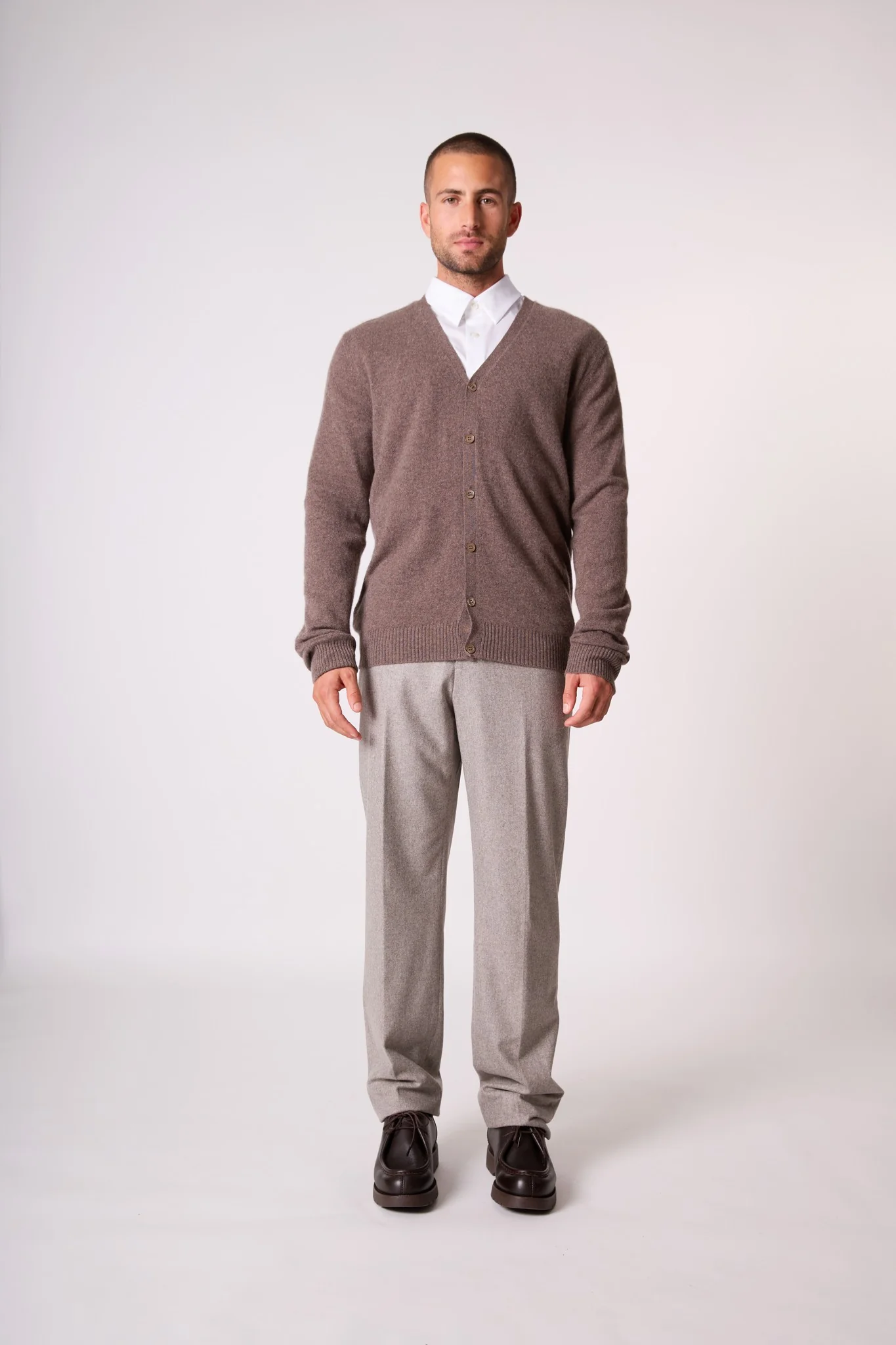 ERROL cardigan col v taupe chiné 100% cachemire – Image 2