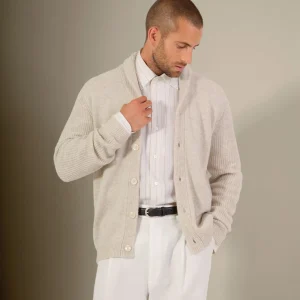 GILMOUR veste boutonnée col châle 4 fils gris perle chiné 100% cachemire