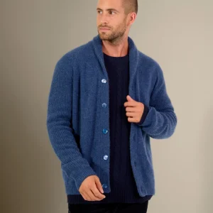 GILMOUR veste boutonnée col châle 4 fils ocean chiné 100% cachemire