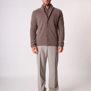 GILMOUR veste boutonnée col châle 4 fils taupe chiné 100% cachemire