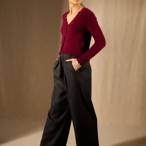 LEORA cardigan col v bordeaux 100% cachemire