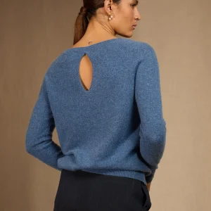 LESLIE pull col bateau goutte dos bleu denim 100% cachemire