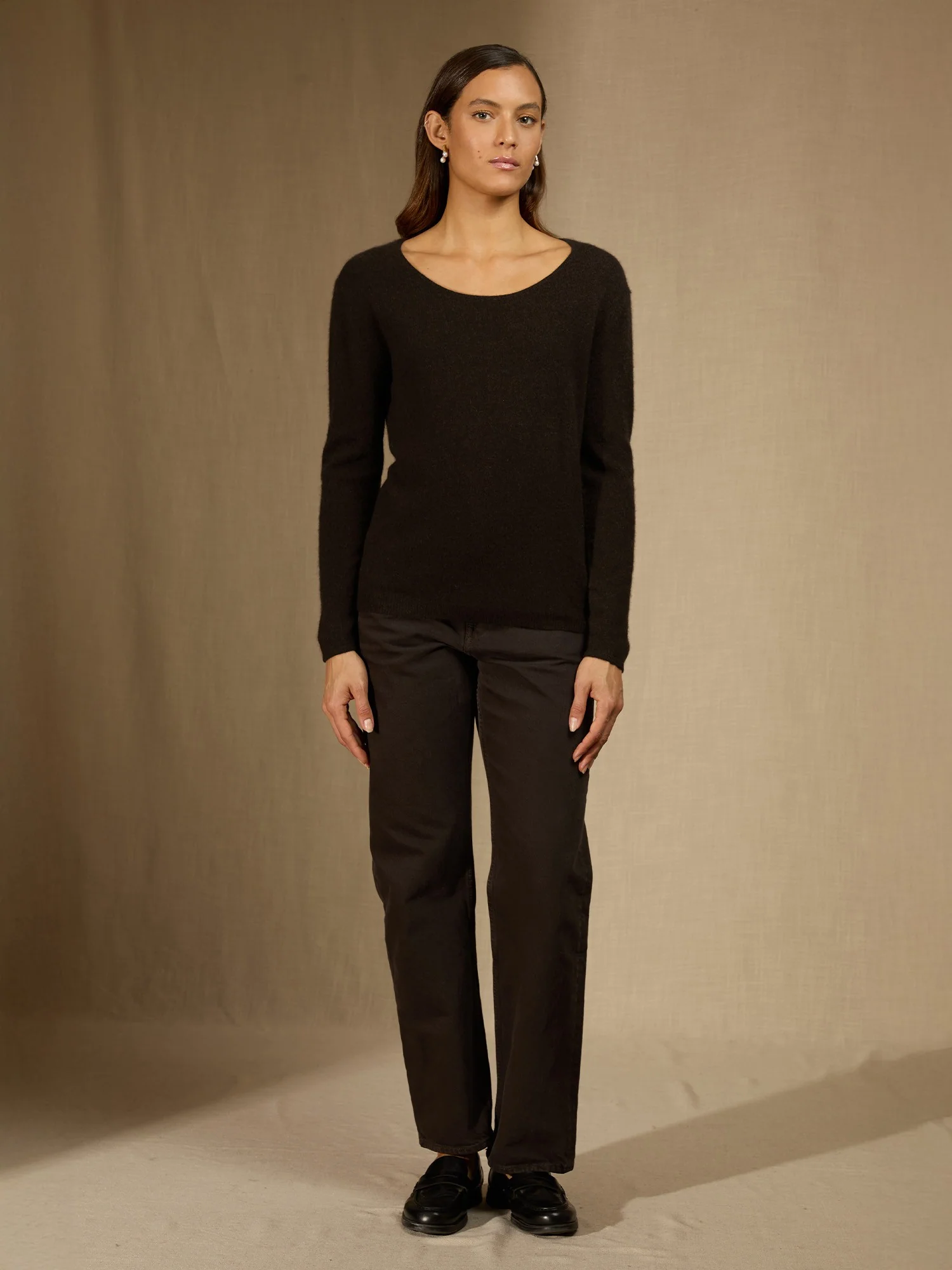 LINDSAY pull col bateau choco chiné 100% cachemire – Image 3