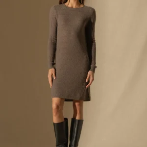 LOLA robe col rond taupe chiné 100% cachemire