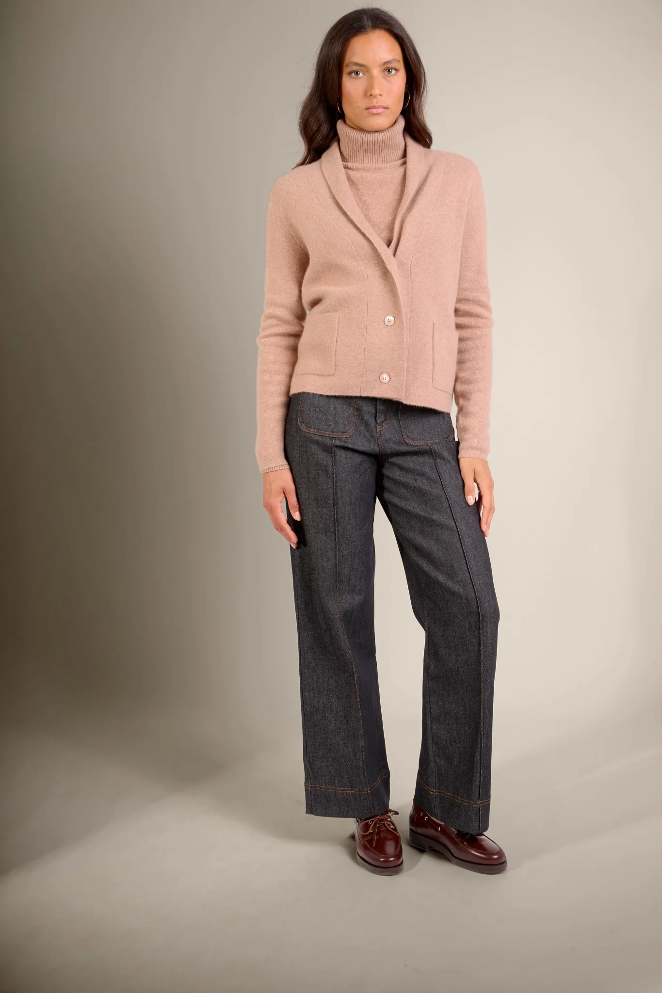 LUMIVIEL veste boutonnée col châle camel chiné 100% cachemire