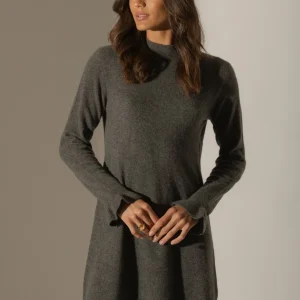 LYAMIA robe col montant volants poignets anthracite chiné 100% cachemire