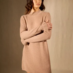 LYAMIA robe col montant volants poignets camel chiné 100% cachemire