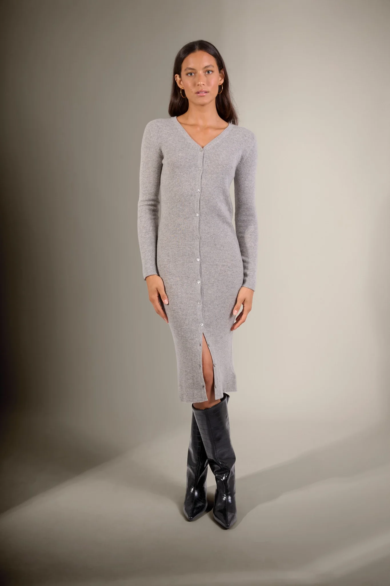 MARIA robe boutonnée col v nuage chiné 100% cachemire