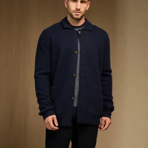NICK veste boutonnée col chemise navy 100% cachemire