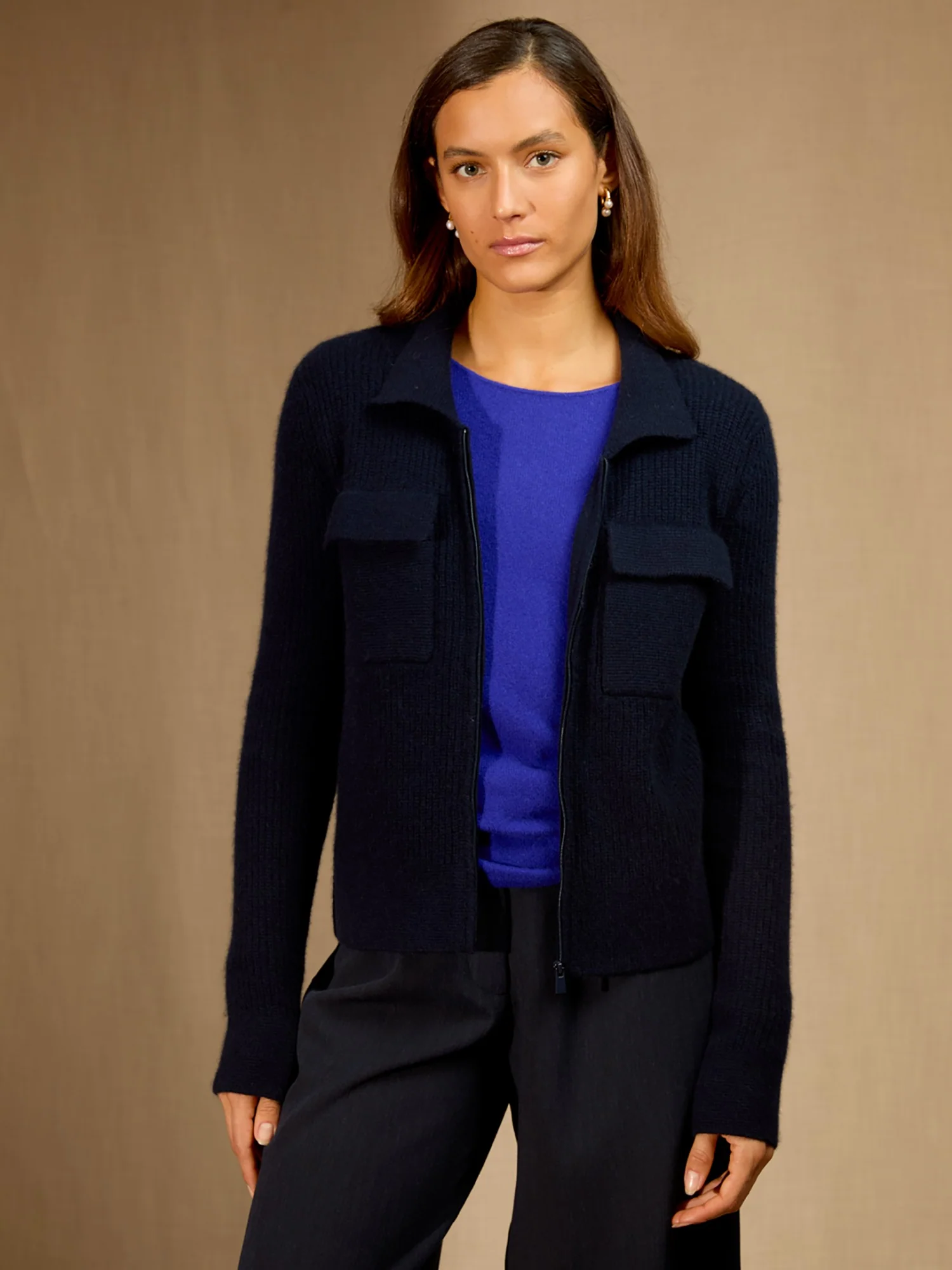 SARA veste courte zippée col chemise 4 fils navy 100% cachemire