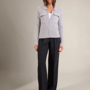 SARA veste courte zippée col chemise 4 fils nuage chiné 100% cachemire