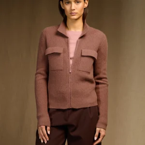 SARA veste courte zippée col chemise 4 fils terracota 100% cachemire