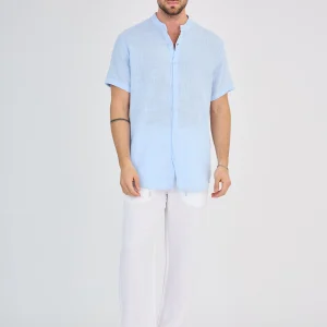 Chemise en Lin Manches Courtes Bleu Ciel