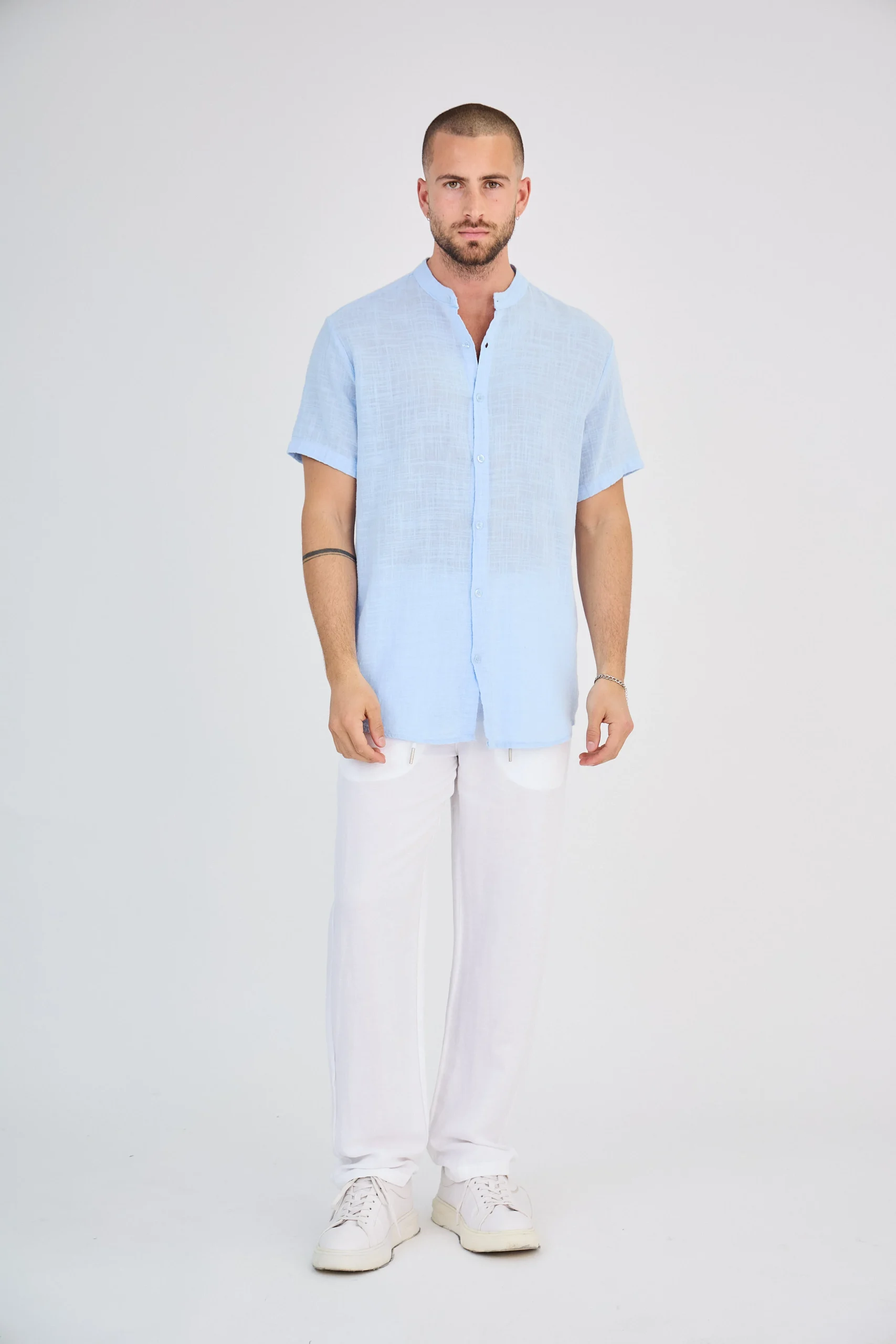 Chemise en Lin Manches Courtes Bleu Ciel