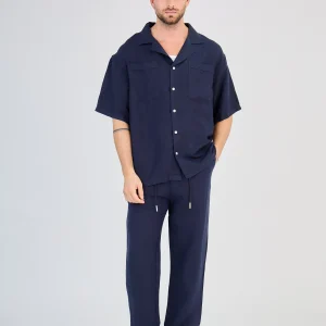 Chemise en Lin Manches Courtes Bleu Marine