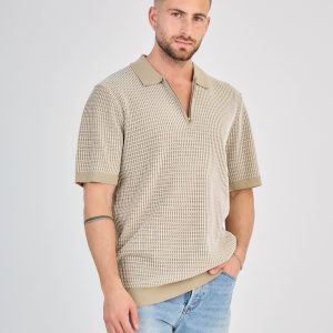 Polo zippé en maille torsadée Taupe