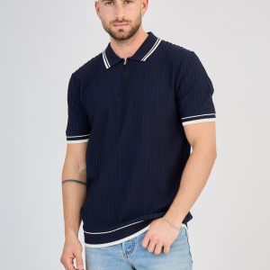 Polo zippé en maille torsadée marine