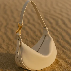 Sac Livia – Demi-lune en cuir beige & boucle dorée sculpturale